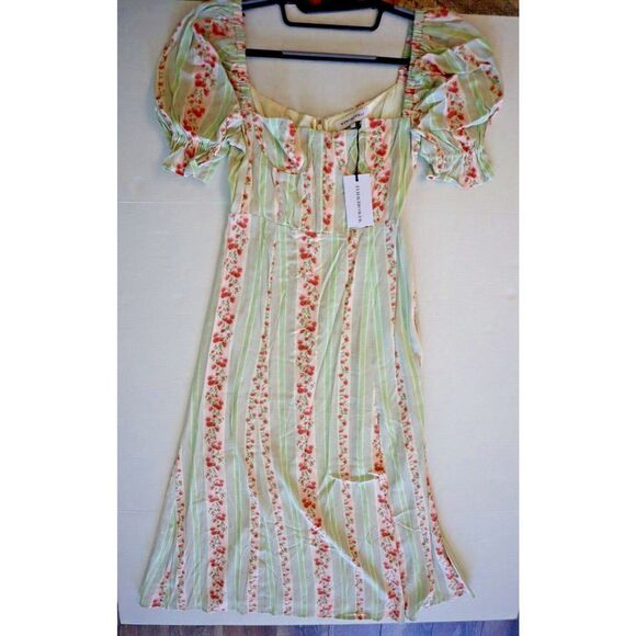 WeWoreWhat Women Sz 2 Green Victorian Floral Stripe Puff Sleeve Midi Dress - Picture 6 of 10